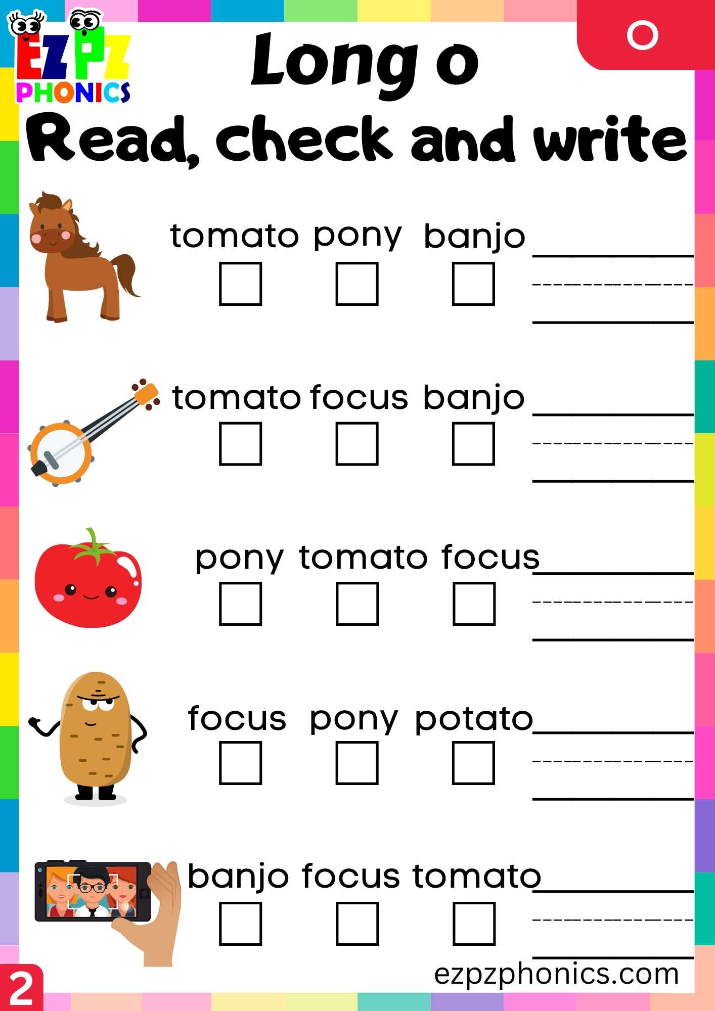 Group2 O Words Read, Check And Write Long O Phonics Worksheet